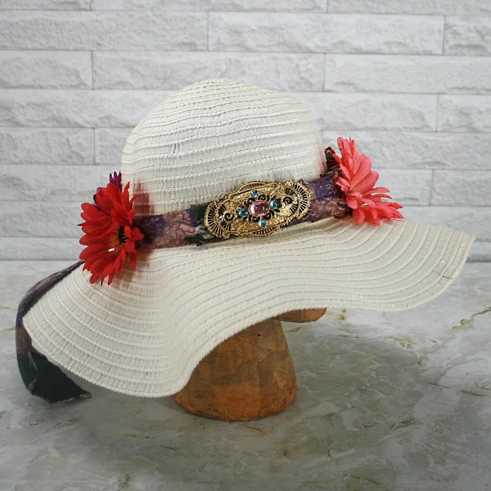 HAND CRAFTED Hat Upcycled Repurposed Silk Necktie Daisy White Derby Party Beach